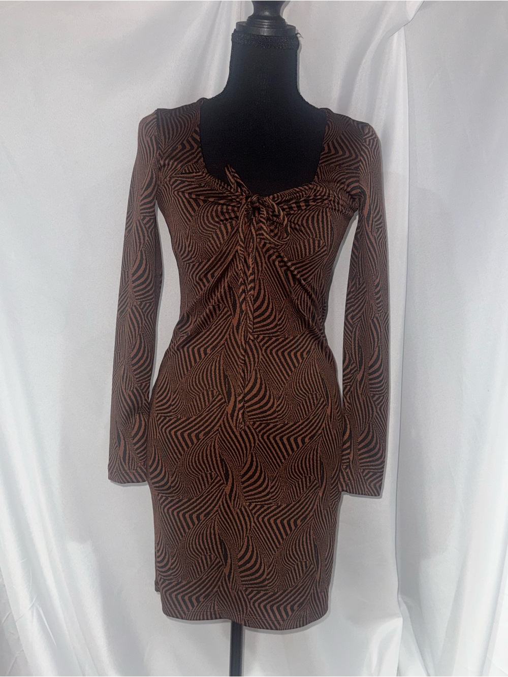 Zara Brown Black Abstract-Print Long Sleeve Tie-Front Dress
